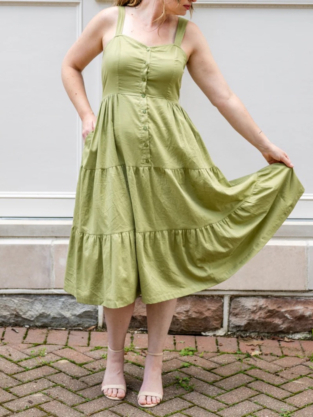 Evolverie Sweetheart Button-Front Tiered Midi‎ Dress L Large Apple Green Cotton